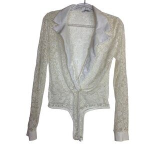 Fashion Nova White Lace Bodysuit Sexy‎ Stretch Large Thong Classic Office Sheer